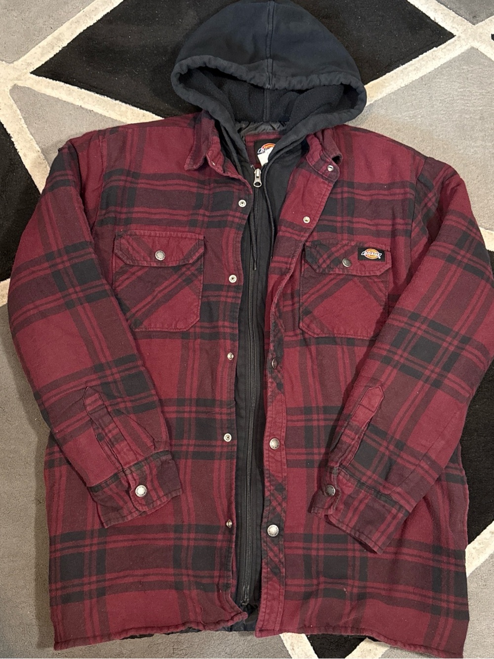 Red and black plaid Dickies jacket with hood